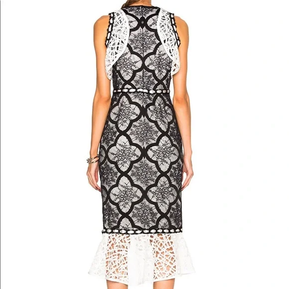 Alexis Emily Black and White Lace Ruffle Cap Sleeve Midi Dress with Side Slit XS - Picture 5 of 16